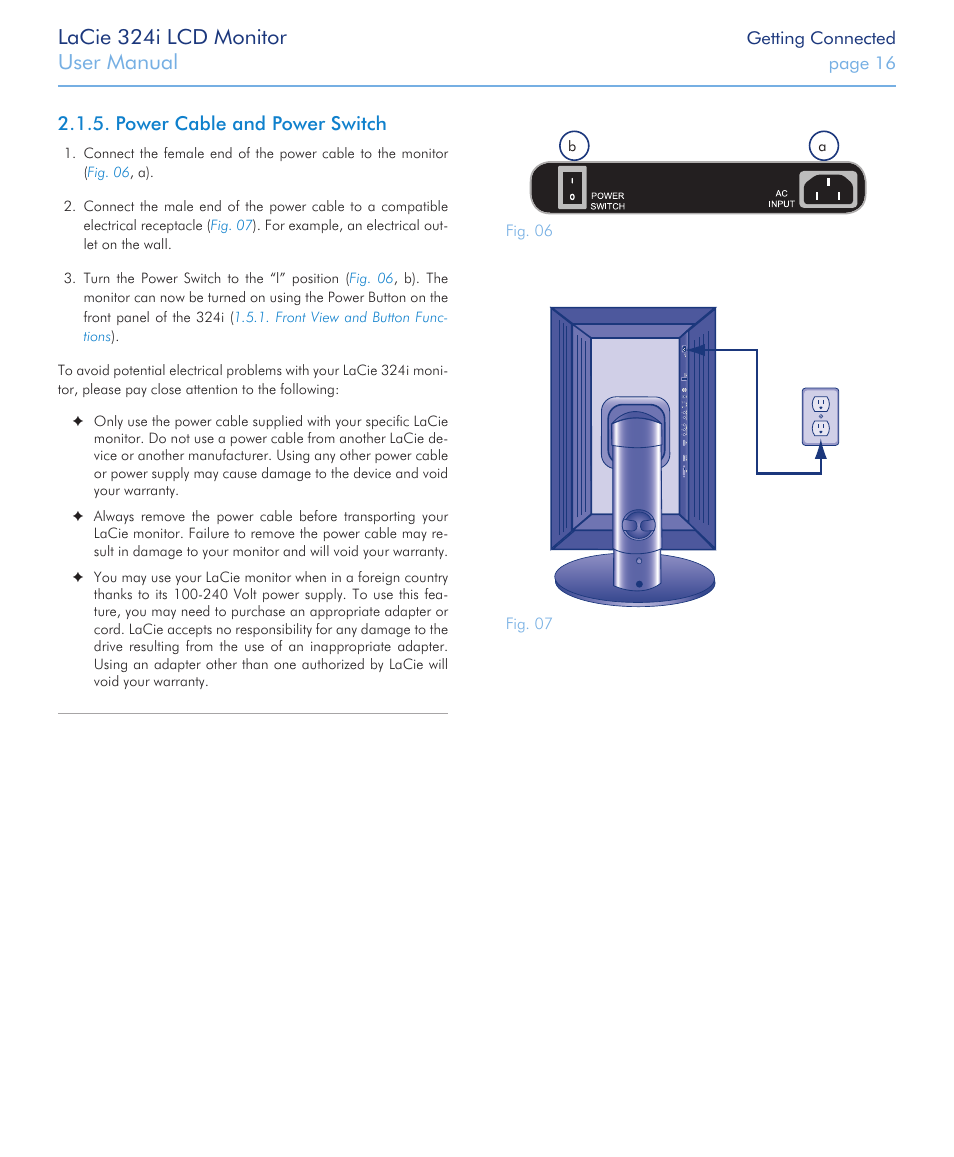 Power cable and power switch, Lacie 324i lcd monitor, User manual | LaCie 324I User Manual | Page 16 / 43