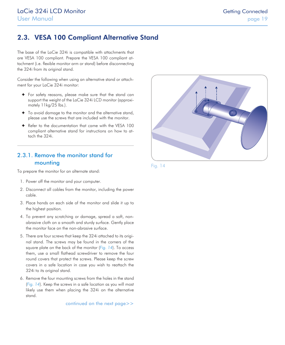 Vesa 100 compliant alternative stand, Remove the monitor stand for mounting, Lacie 324i lcd monitor | User manual | LaCie 324I User Manual | Page 19 / 43