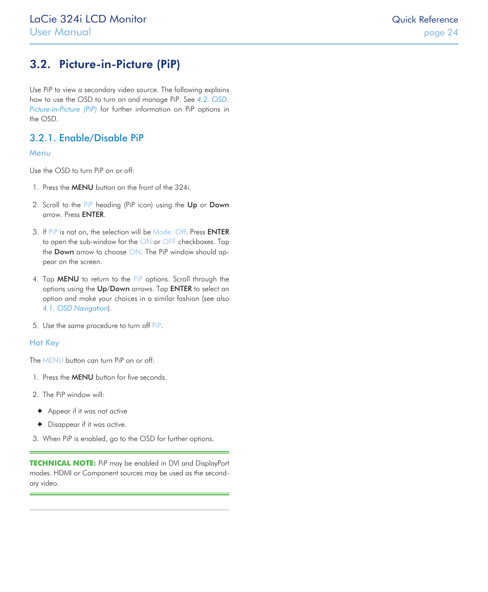 Picture-in-picture (pip), Enable/disable pip, Lacie 324i lcd monitor | User manual | LaCie 324I User Manual | Page 24 / 43