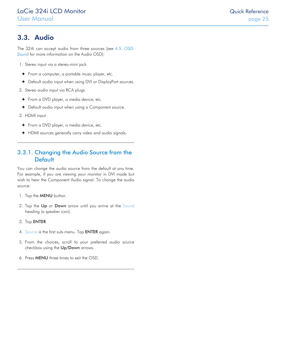 Audio, Changing the audio source from the default, Lacie 324i lcd monitor | User manual | LaCie 324I User Manual | Page 25 / 43