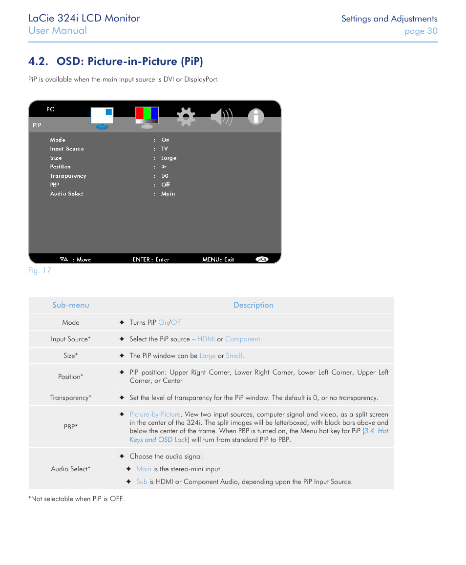 Osd: picture-in-picture (pip), How to use the osd to turn on and manage pip. see, Picture-in-picture (pip) | Lacie 324i lcd monitor, User manual | LaCie 324I User Manual | Page 30 / 43