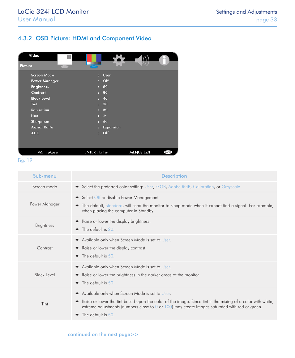 Osd picture: hdmi and component video, Lacie 324i lcd monitor, User manual | LaCie 324I User Manual | Page 33 / 43