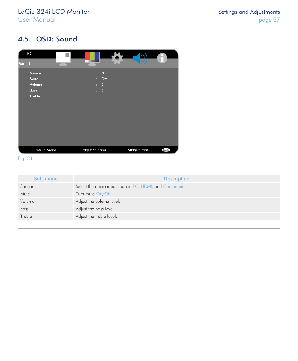 Osd: sound, The 324i can accept audio from three sources (see, Sound | Lacie 324i lcd monitor, User manual | LaCie 324I User Manual | Page 37 / 43