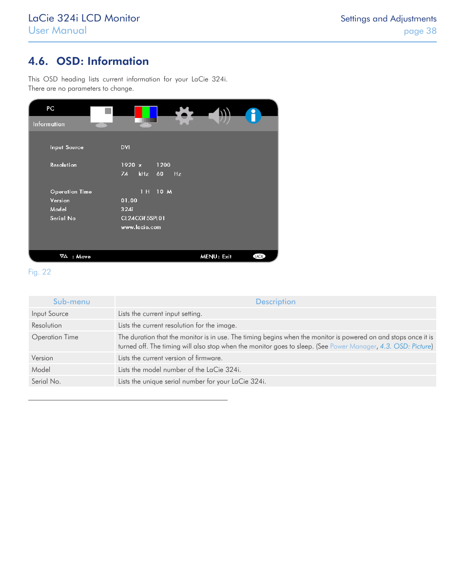 Osd: information, Lacie 324i lcd monitor, User manual | LaCie 324I User Manual | Page 38 / 43