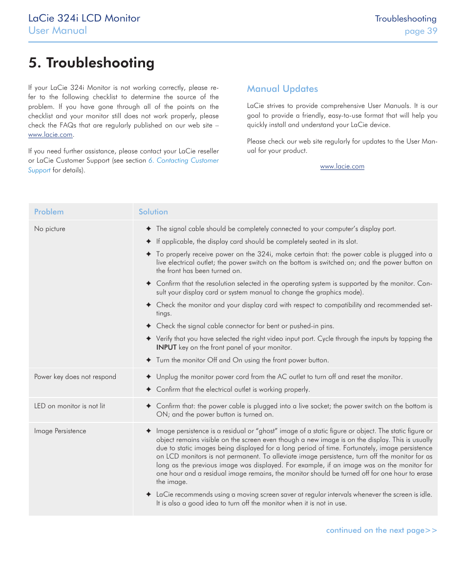 Troubleshooting, Lacie 324i lcd monitor, User manual | Manual updates | LaCie 324I User Manual | Page 39 / 43