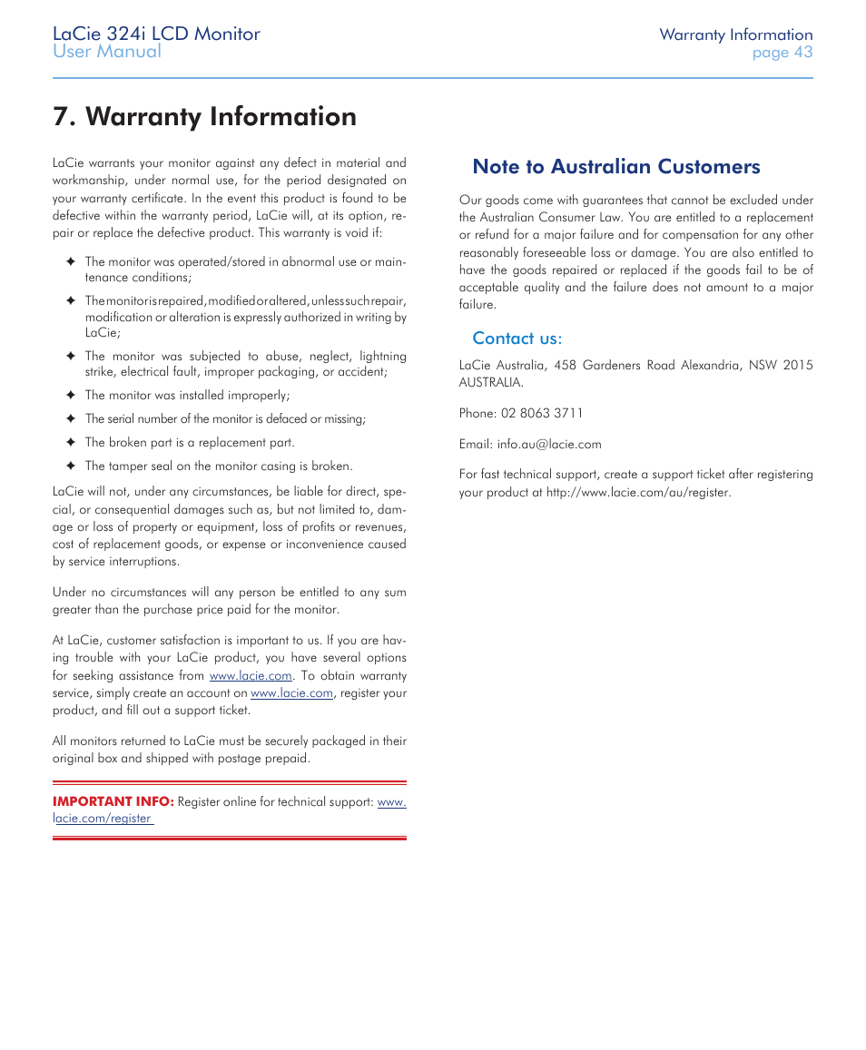 Warranty information, Lacie 324i lcd monitor, User manual | Contact us | LaCie 324I User Manual | Page 43 / 43