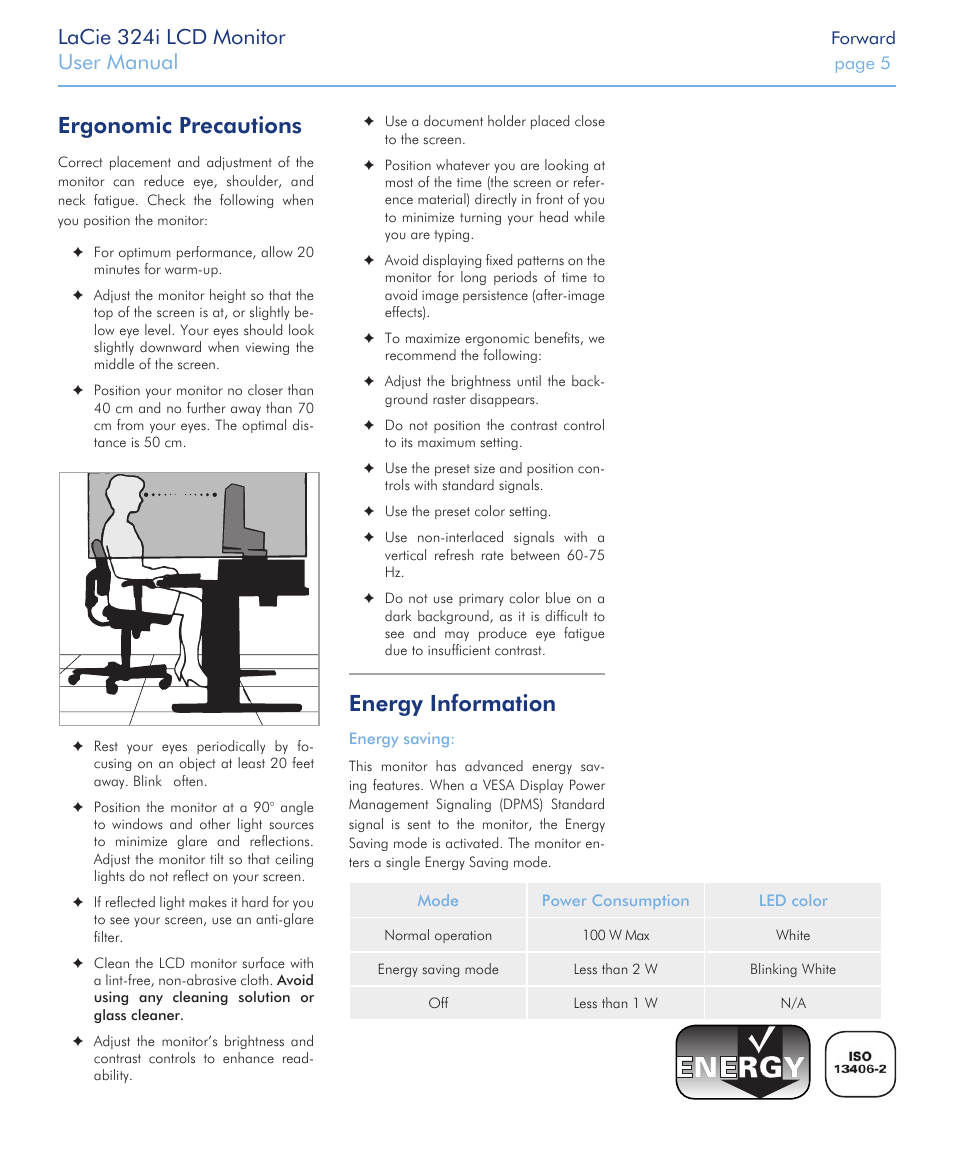 Ergonomic precautions, Energy information, Lacie 324i lcd monitor | User manual | LaCie 324I User Manual | Page 5 / 43