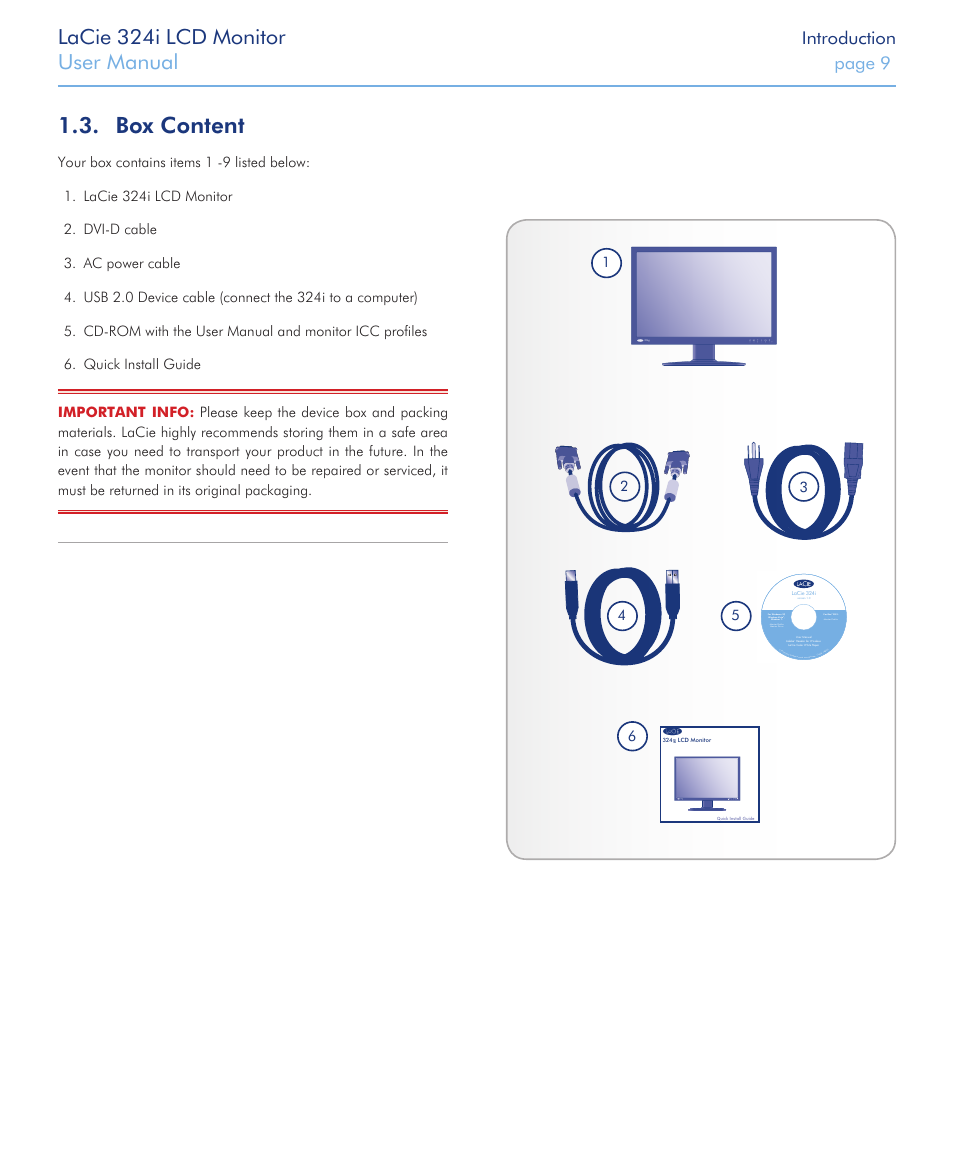 Box content, Lacie 324i lcd monitor, User manual | Introduction, Page 9 | LaCie 324I User Manual | Page 9 / 43