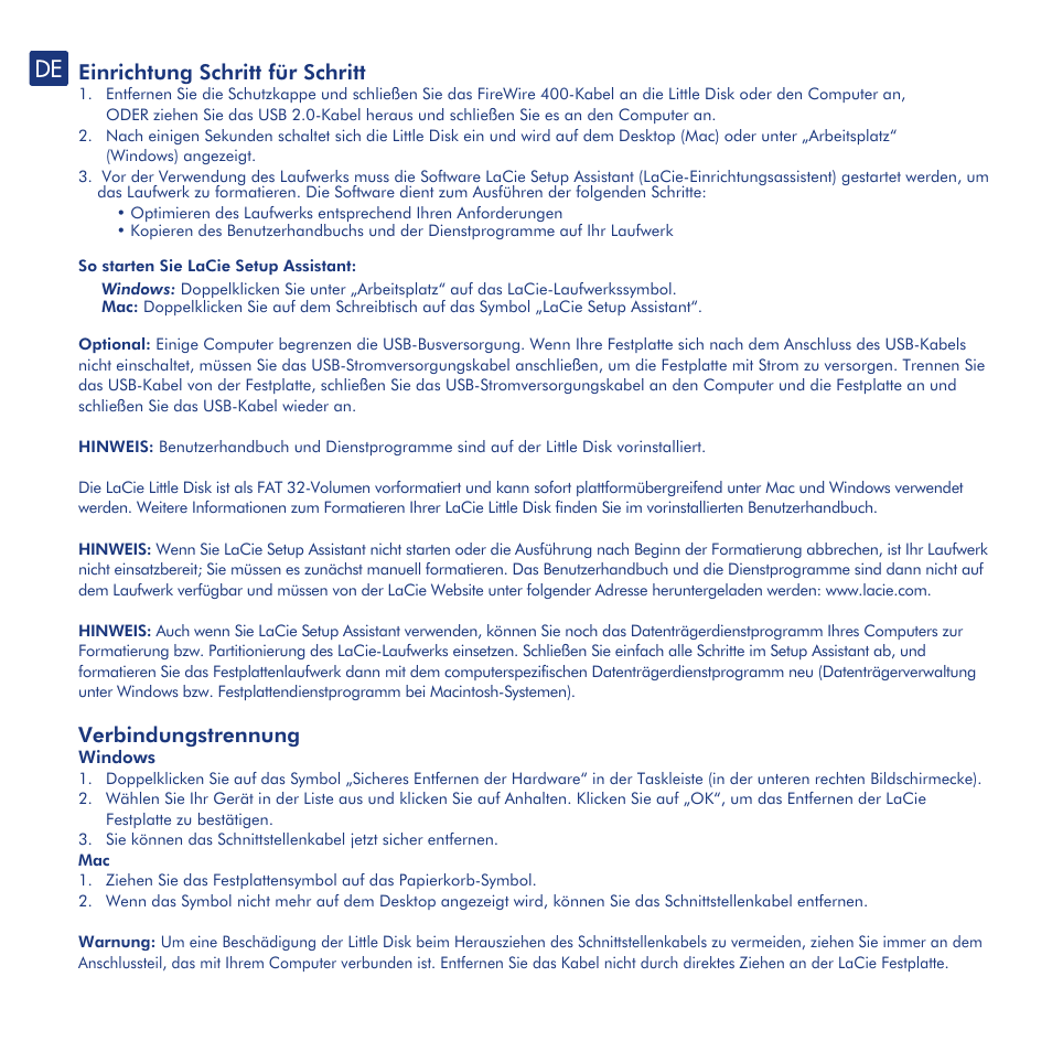Einrichtung schritt für schritt, Verbindungstrennung, Vorsichtsmaßnahmen und garantieinformationen | LaCie Little Disk User Manual | Page 10 / 40