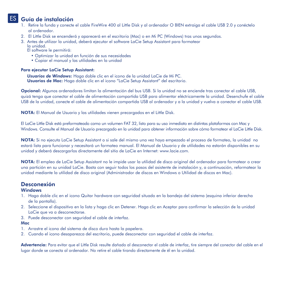 Guía de instalación, Desconexión, Precauciones e información de garantía | LaCie Little Disk User Manual | Page 12 / 40