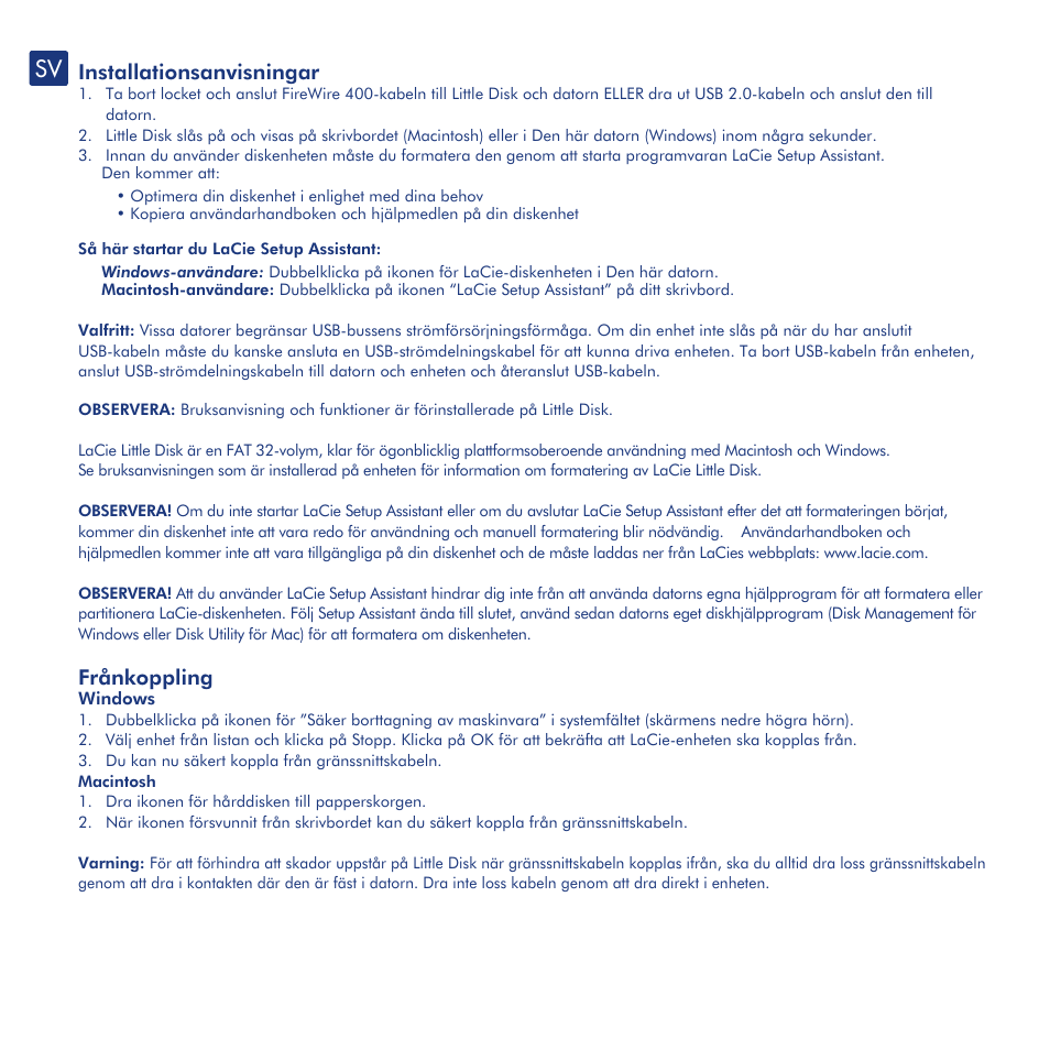 Installationsanvisningar, Frånkoppling, Försiktighetsåtgärder och garanti | LaCie Little Disk User Manual | Page 18 / 40
