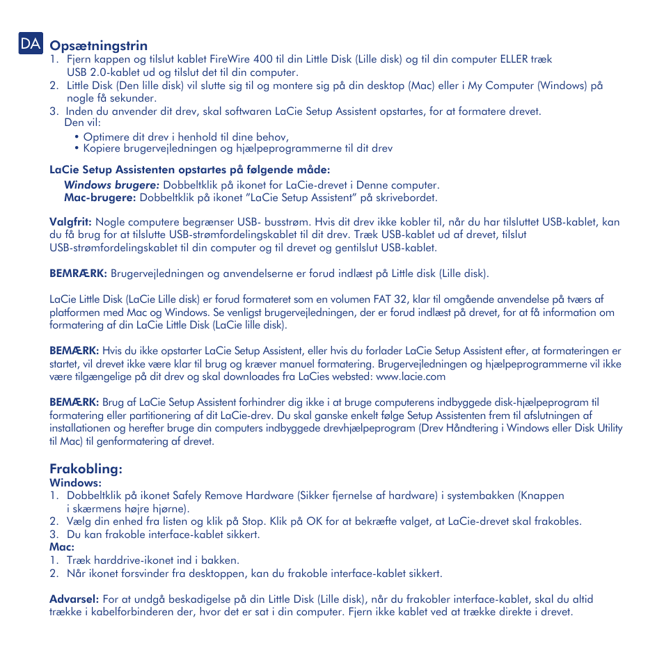 Opsætningstrin, Frakobling, Information om forholdsregler og garanti | LaCie Little Disk User Manual | Page 20 / 40