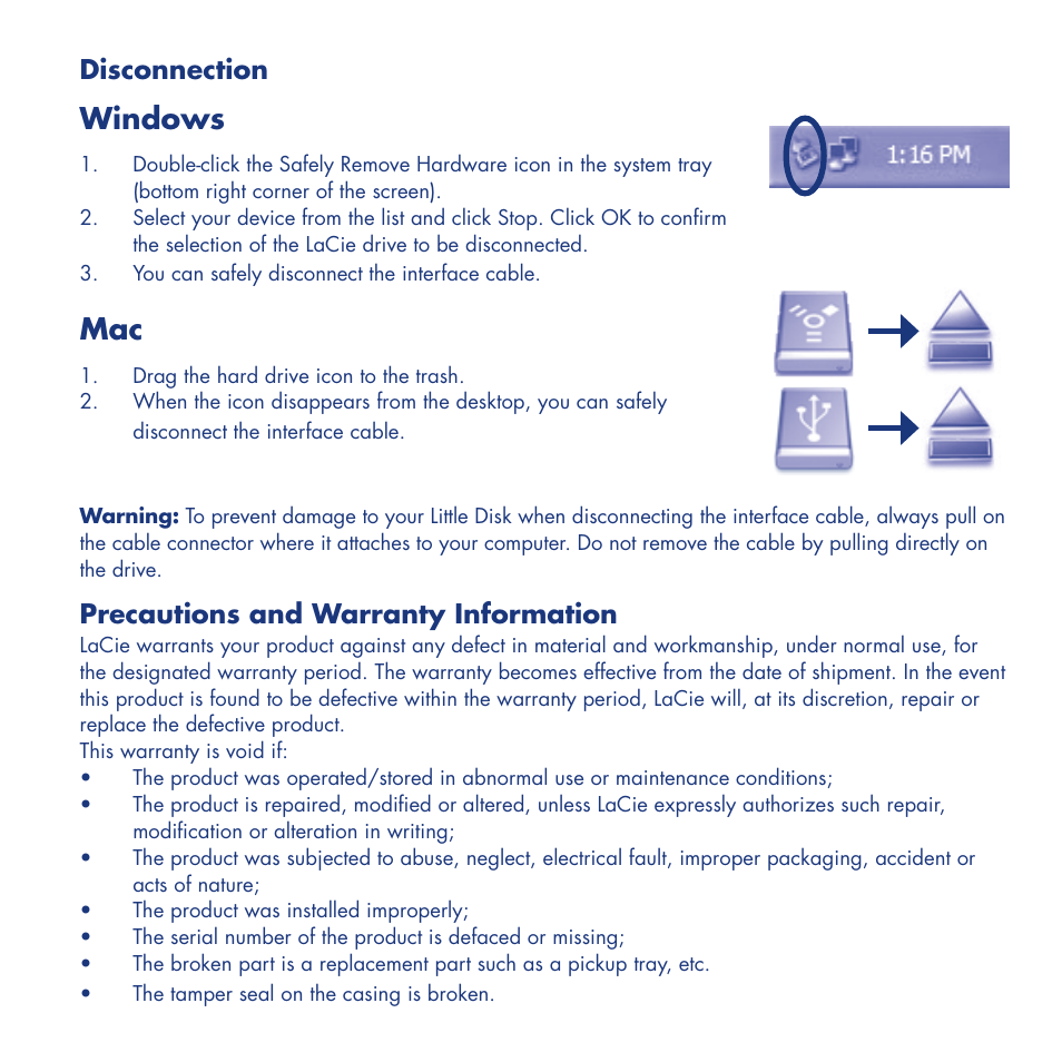 Windows, Disconnection, Precautions and warranty information | LaCie Little Disk User Manual | Page 5 / 40