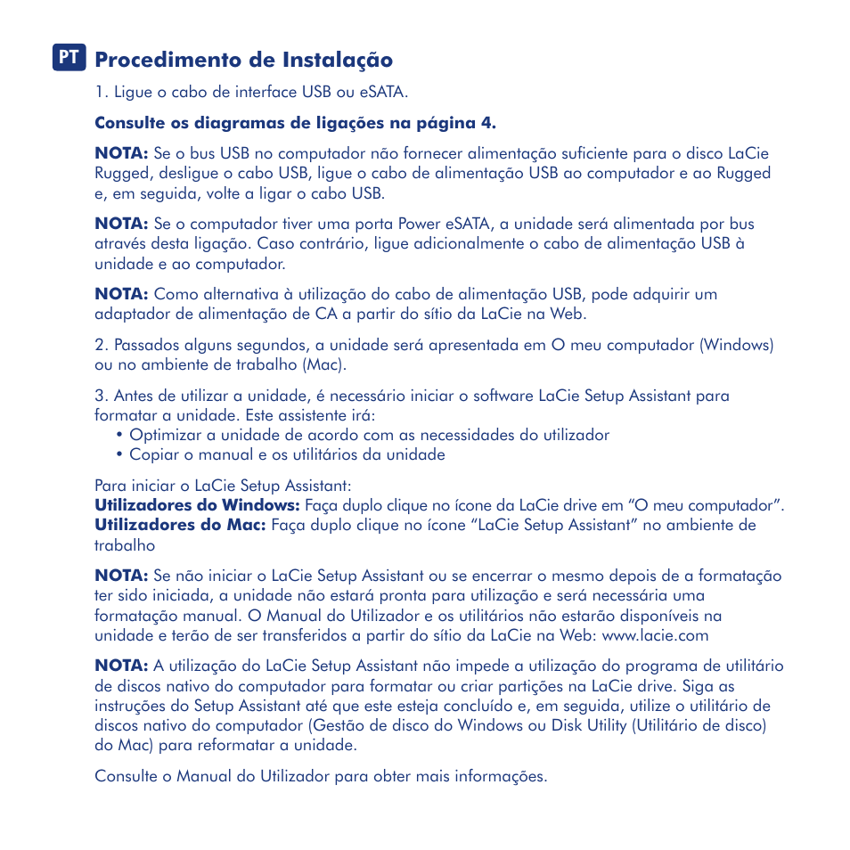 Procedimento de instalação | LaCie Rugged eSata User Manual | Page 12 / 24