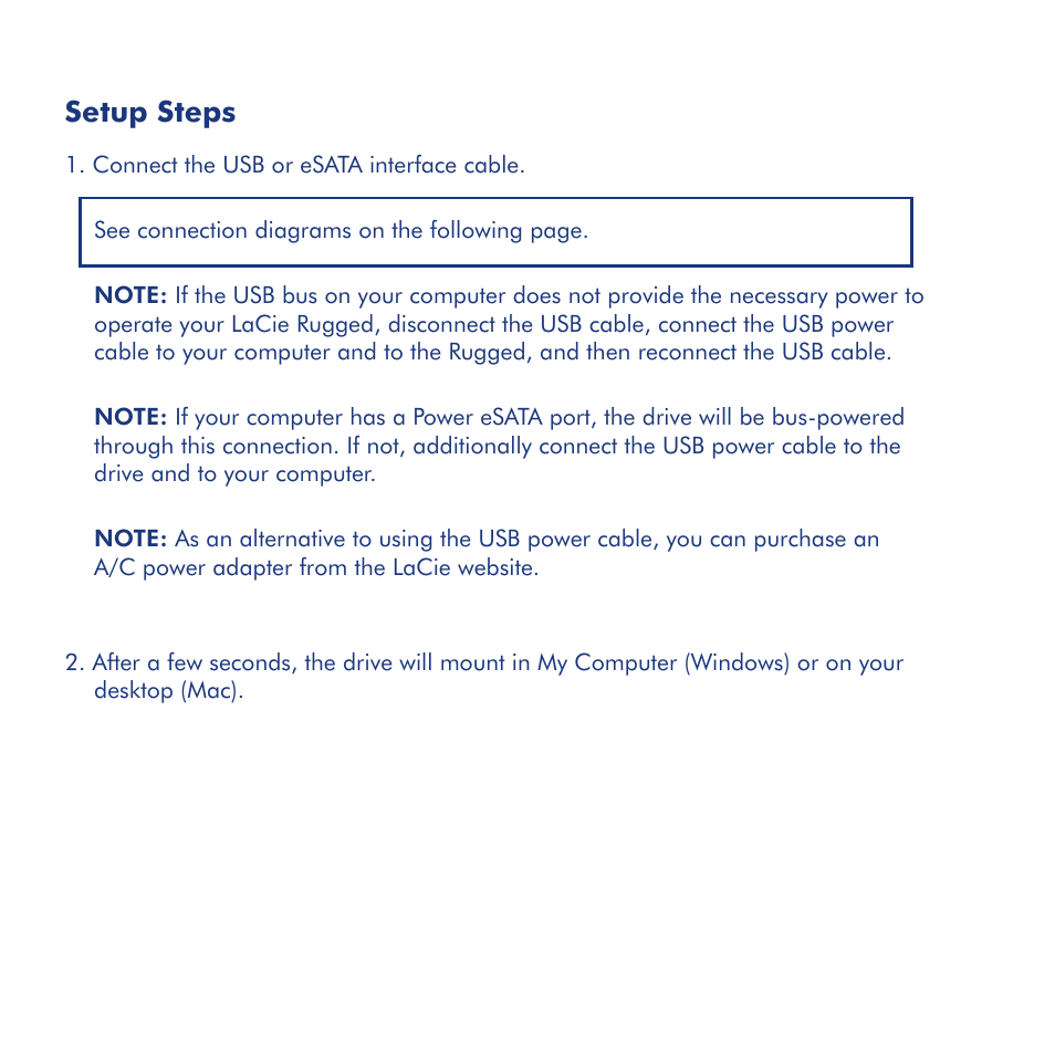 Setup steps | LaCie Rugged eSata User Manual | Page 3 / 24