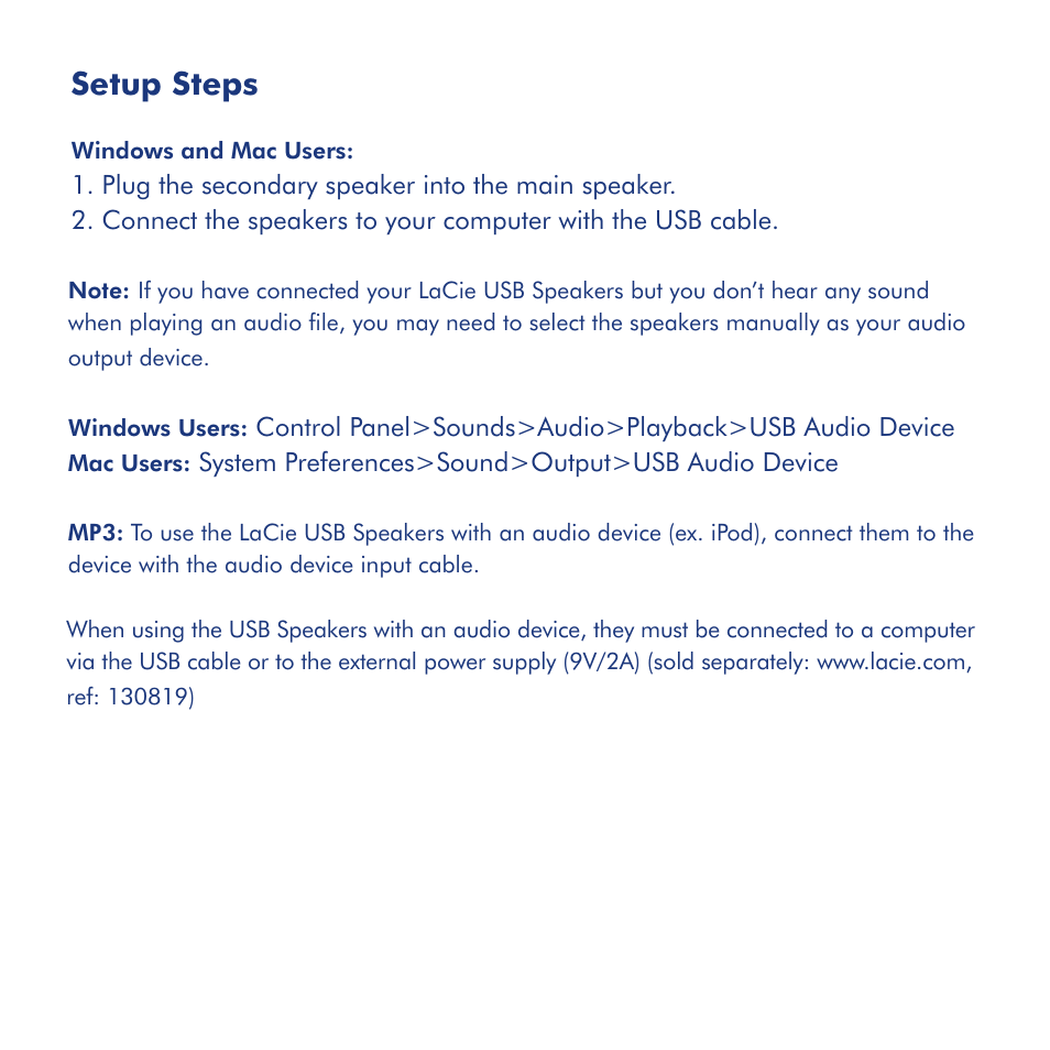 Setup steps | LaCie USB Speakers Design By Neil Poultan User Manual | Page 5 / 24