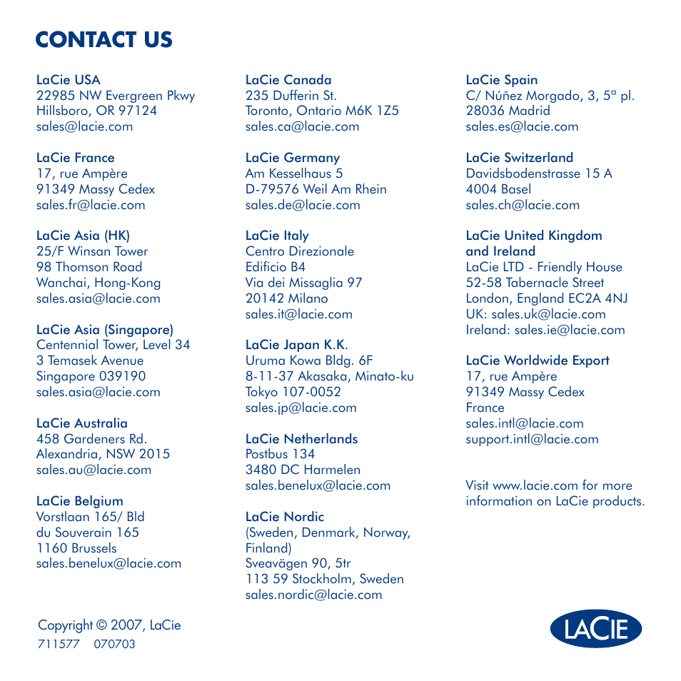 Contact us | LaCie Portable DVD RW with LightScribe User Manual | Page 8 / 8