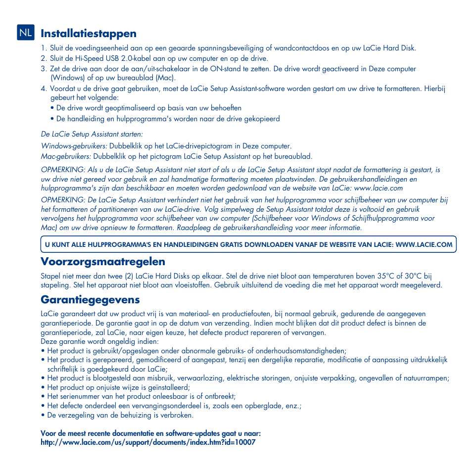 Installatiestappen, Voorzorgsmaatregelen, Garantiegegevens | LaCie Design By Neil Poulton User Manual | Page 10 / 26