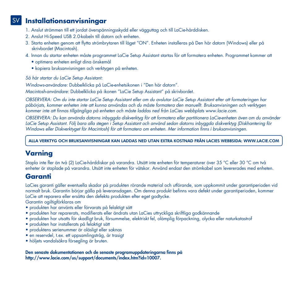 Installationsanvisningar, Varning, Garanti | LaCie Design By Neil Poulton User Manual | Page 12 / 26