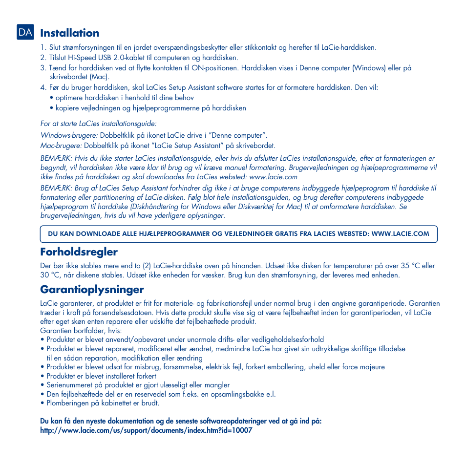 Installation, Forholdsregler, Garantioplysninger | LaCie Design By Neil Poulton User Manual | Page 13 / 26