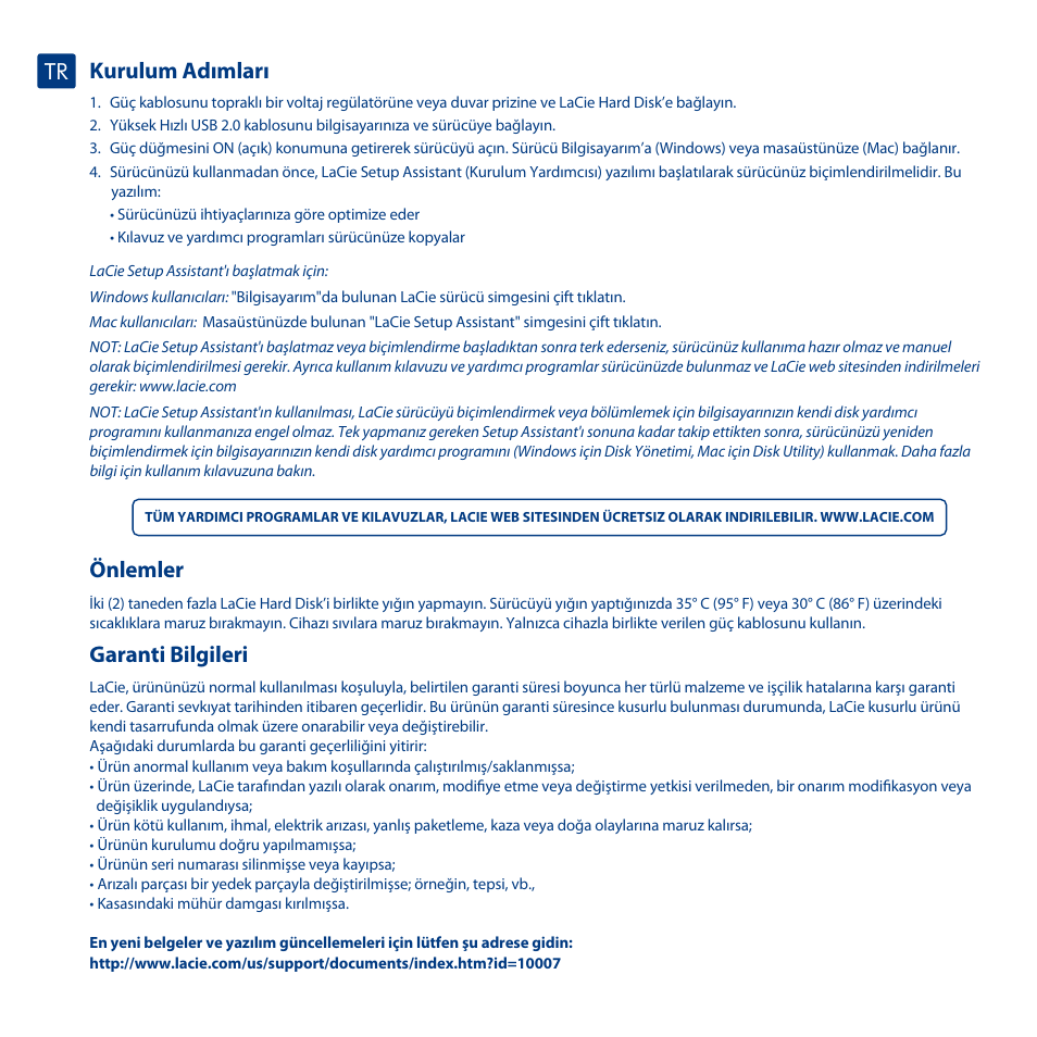 Kurulum adımları, Önlemler, Garanti bilgileri | LaCie Design By Neil Poulton User Manual | Page 23 / 26