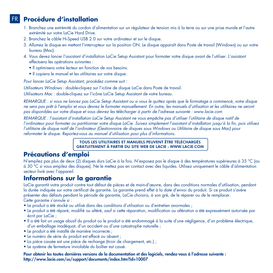 Procédure d’installation, Précautions d’emploi, Informations sur la garantie | LaCie Design By Neil Poulton User Manual | Page 6 / 26