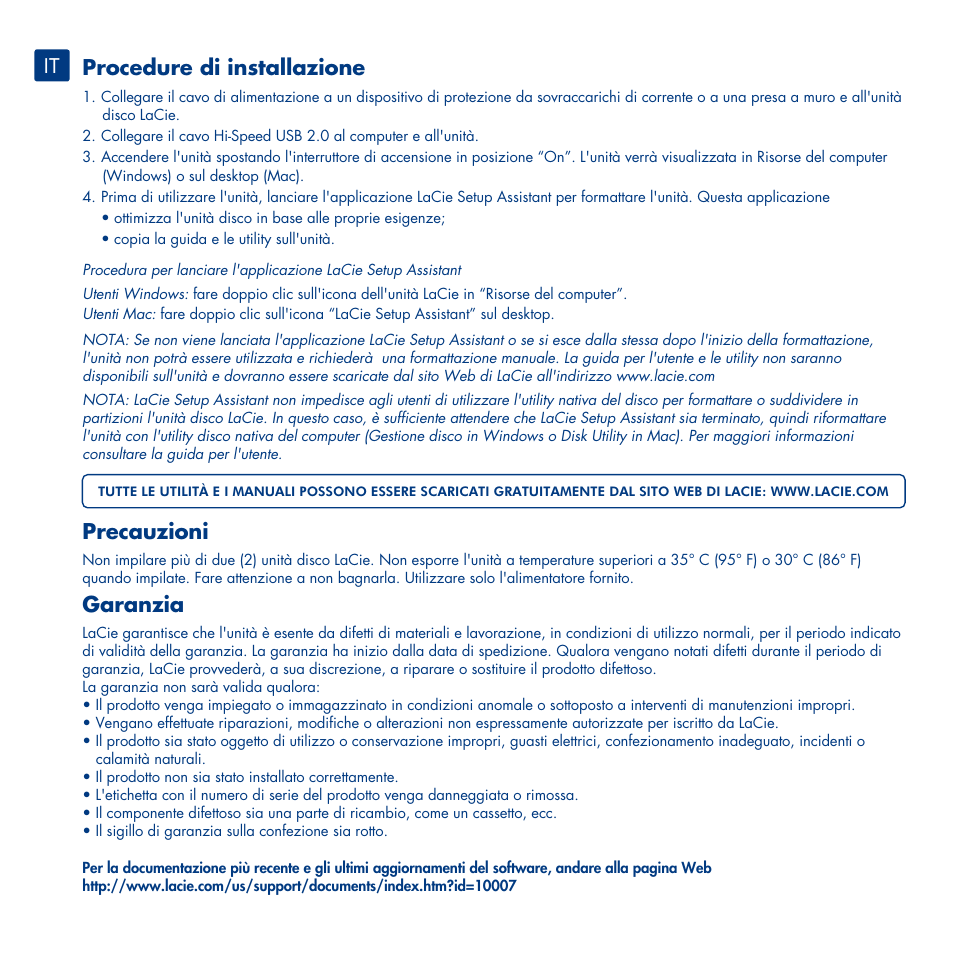 Procedure di installazione, Precauzioni, Garanzia | LaCie Design By Neil Poulton User Manual | Page 7 / 26