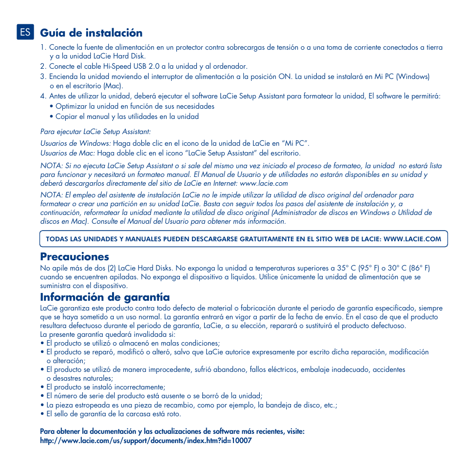 Guía de instalación, Precauciones, Información de garantía | LaCie Design By Neil Poulton User Manual | Page 9 / 26