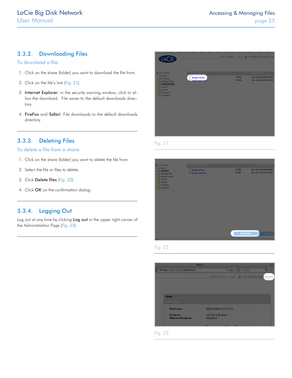 Downloading files, Deleting files, Logging out | Lacie big disk network, User manual | LaCie Big Disk Network User Manual | Page 23 / 56