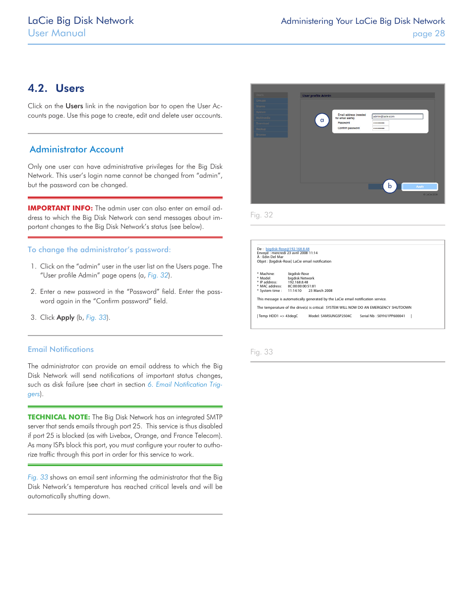 Users, Section, Lacie big disk network | User manual, Administrator account, Administering your lacie big disk network, Page 28 | LaCie Big Disk Network User Manual | Page 28 / 56