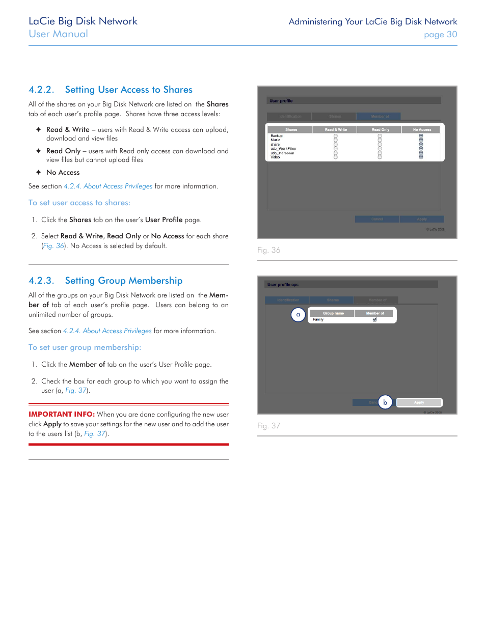Setting user access to shares, Setting group membership, Lacie big disk network | User manual | LaCie Big Disk Network User Manual | Page 30 / 56