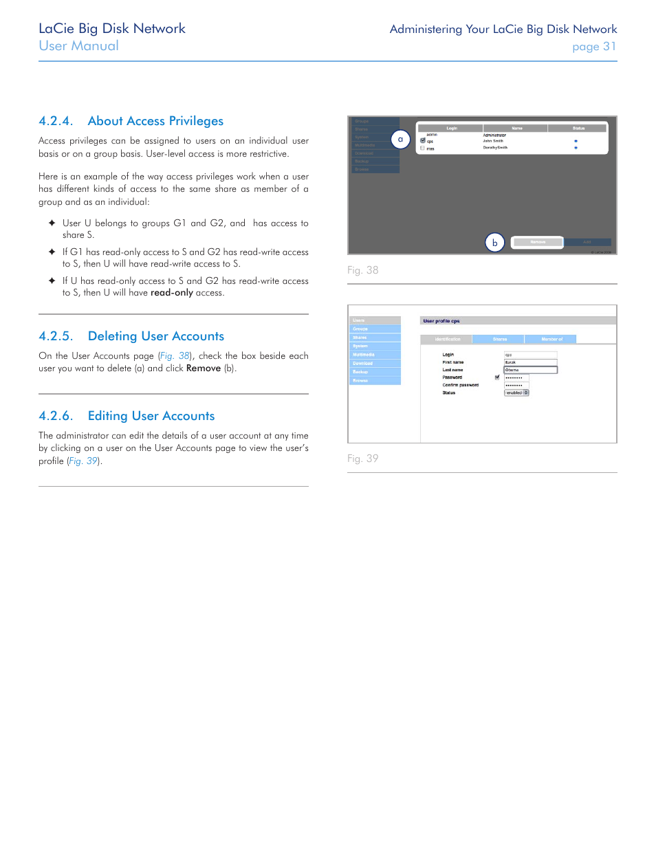 About access privileges, Deleting user accounts, Editing user accounts | For more information, Lacie big disk network, User manual | LaCie Big Disk Network User Manual | Page 31 / 56