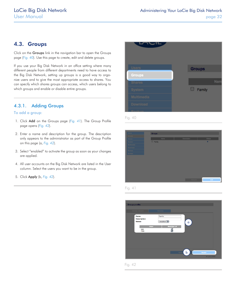 Groups, Adding groups, Section | Lacie big disk network, User manual | LaCie Big Disk Network User Manual | Page 32 / 56