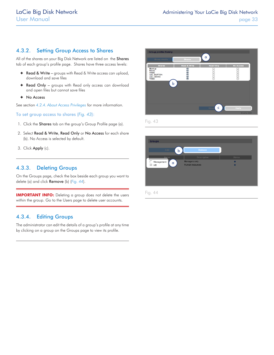 Setting group access to shares, Deleting groups, Editing groups | Lacie big disk network, User manual | LaCie Big Disk Network User Manual | Page 33 / 56