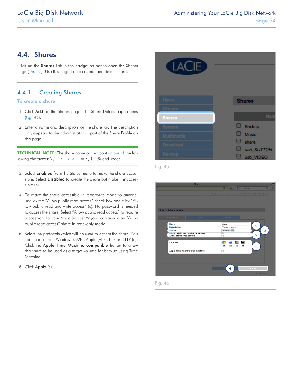 Shares, Creating shares, Section | Fig. 38, Lacie big disk network, User manual | LaCie Big Disk Network User Manual | Page 34 / 56