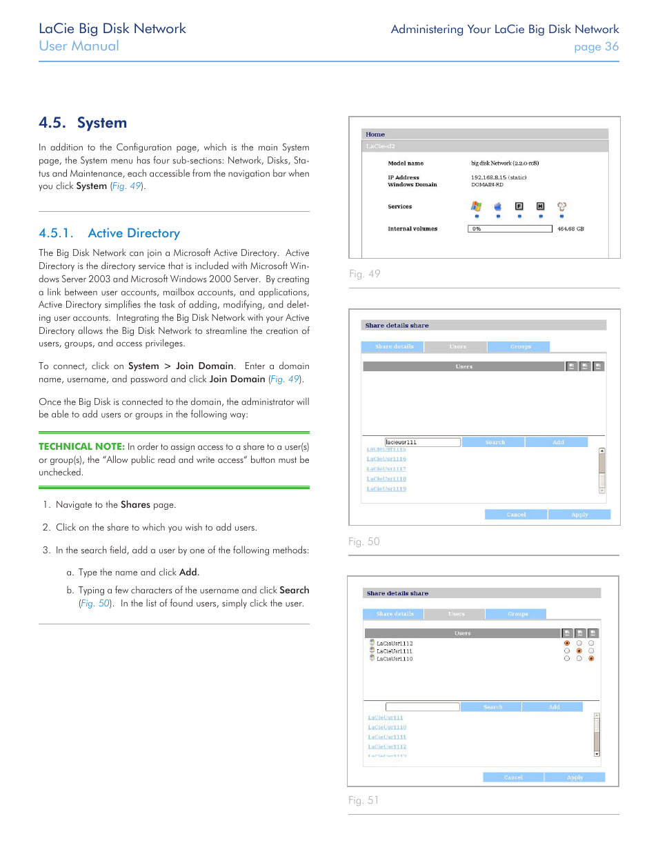 System, Active directory, Configuration | Active directory 4.5.2. configuration, Lacie big disk network, User manual | LaCie Big Disk Network User Manual | Page 36 / 56