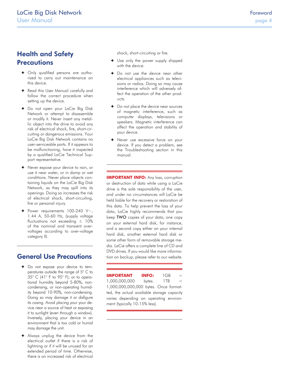 Health and safety precautions, General use precautions, Lacie big disk network | User manual | LaCie Big Disk Network User Manual | Page 4 / 56