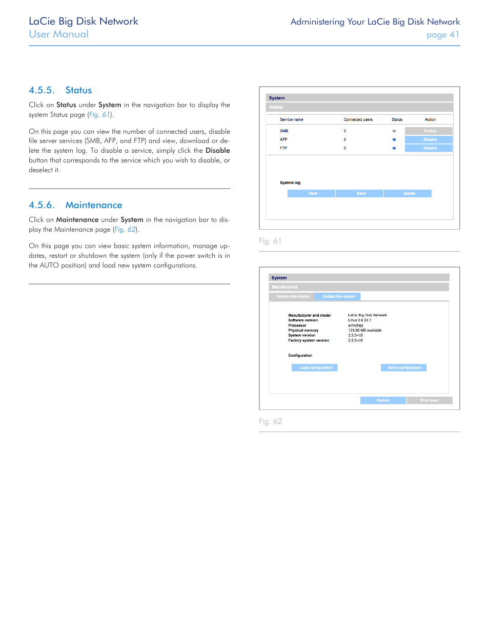Status, Maintenance, Status 4.5.6. maintenance | Lacie big disk network, User manual | LaCie Big Disk Network User Manual | Page 41 / 56
