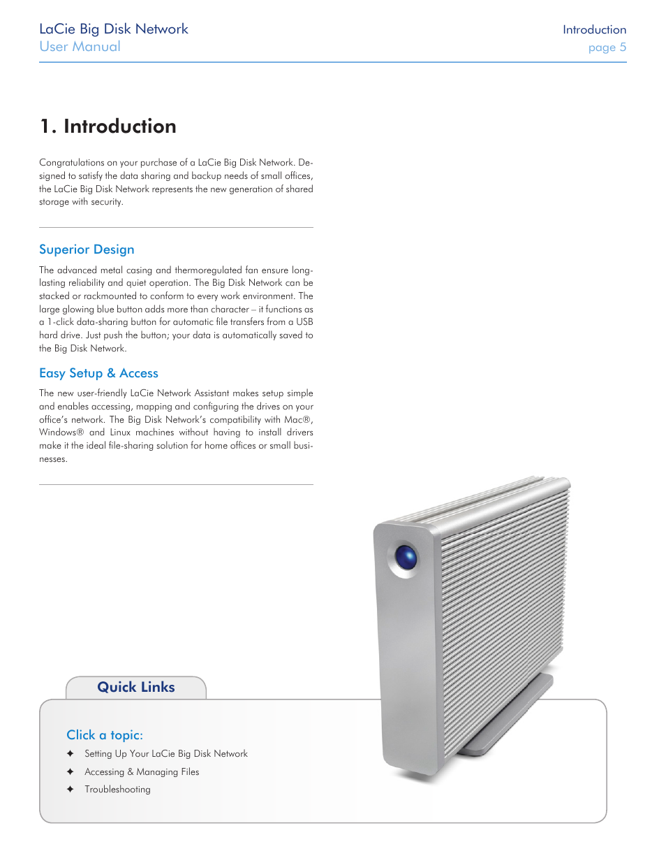 Introduction, Lacie big disk network, User manual | Quick links | LaCie Big Disk Network User Manual | Page 5 / 56