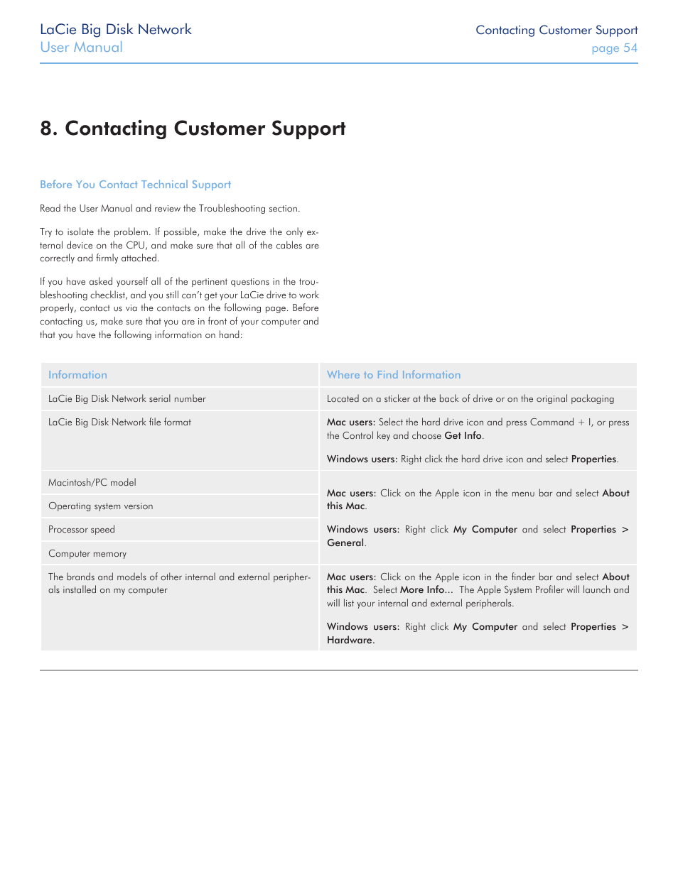 Contacting customer support, Chapter, Contacting customer sup | Port, For details), Lacie big disk network, User manual | LaCie Big Disk Network User Manual | Page 54 / 56