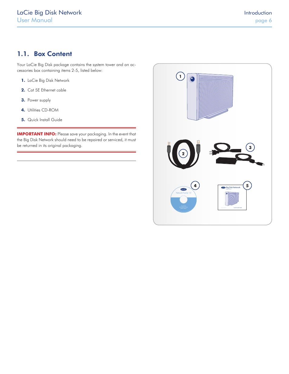 Box content, Lacie big disk network, User manual | Introduction, Page 6 | LaCie Big Disk Network User Manual | Page 6 / 56