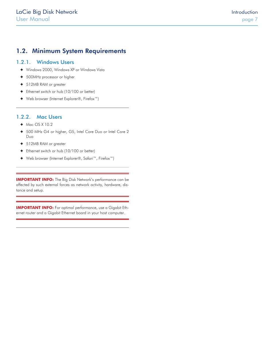 Minimum system requirements, Windows users, Mac users | Windows users 1.2.2. mac users, Lacie big disk network, User manual | LaCie Big Disk Network User Manual | Page 7 / 56