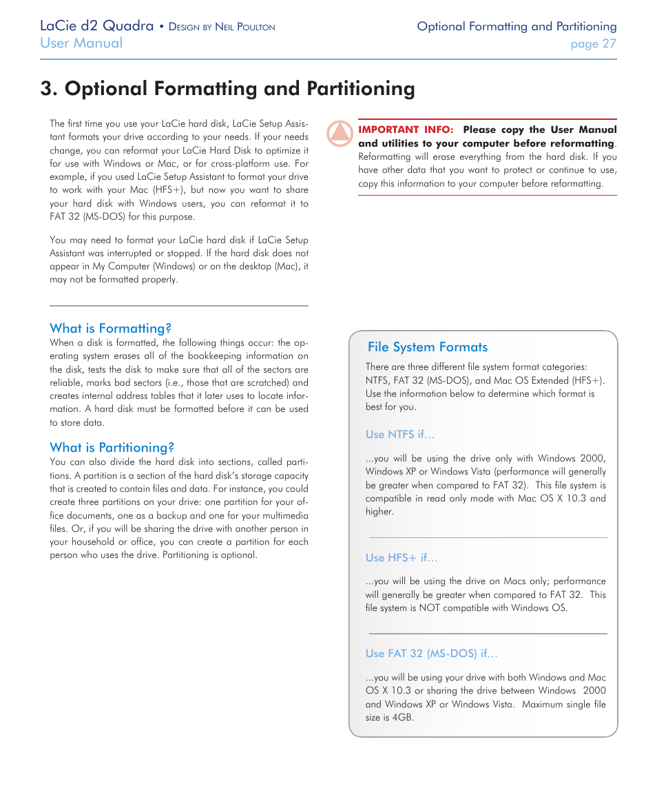 Optional formatting and partitioning, Lacie d2 quadra, User manual | LaCie FireWire 800 User Manual | Page 27 / 40