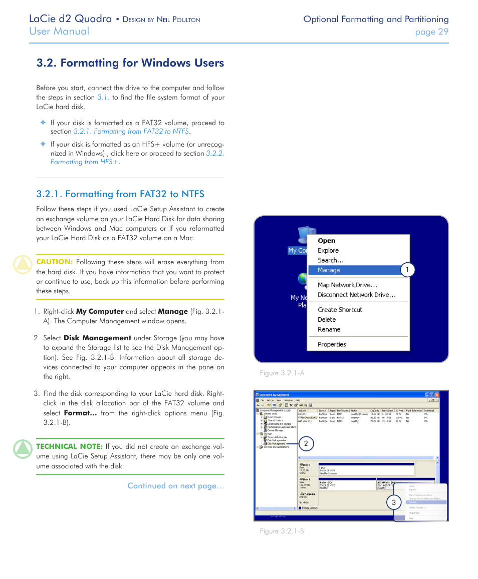 Formatting for windows users, Formatting from fat32 to ntfs, Lacie d2 quadra | User manual | LaCie FireWire 800 User Manual | Page 29 / 40