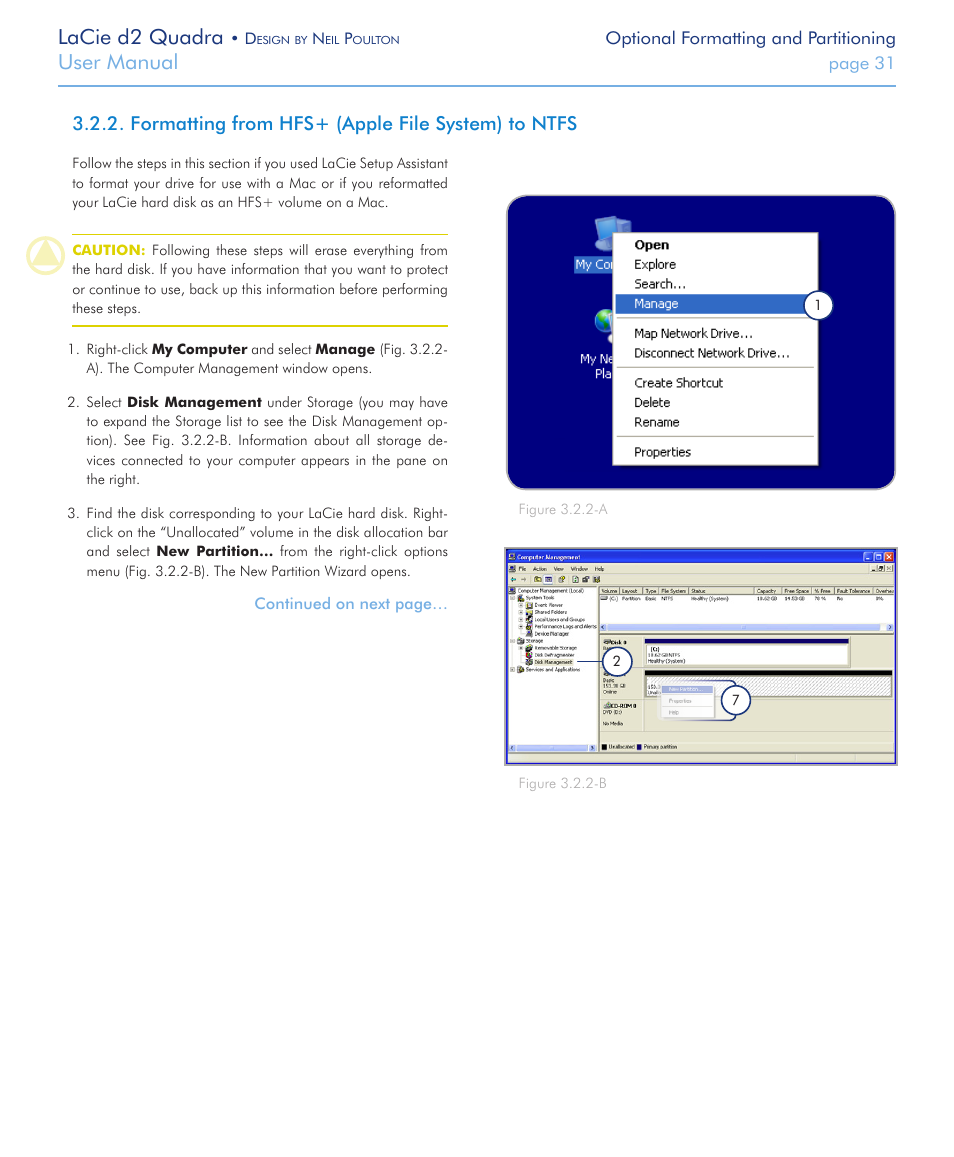 Formatting from hfs+ (apple file system) to ntfs, Lacie d2 quadra, User manual | LaCie FireWire 800 User Manual | Page 31 / 40
