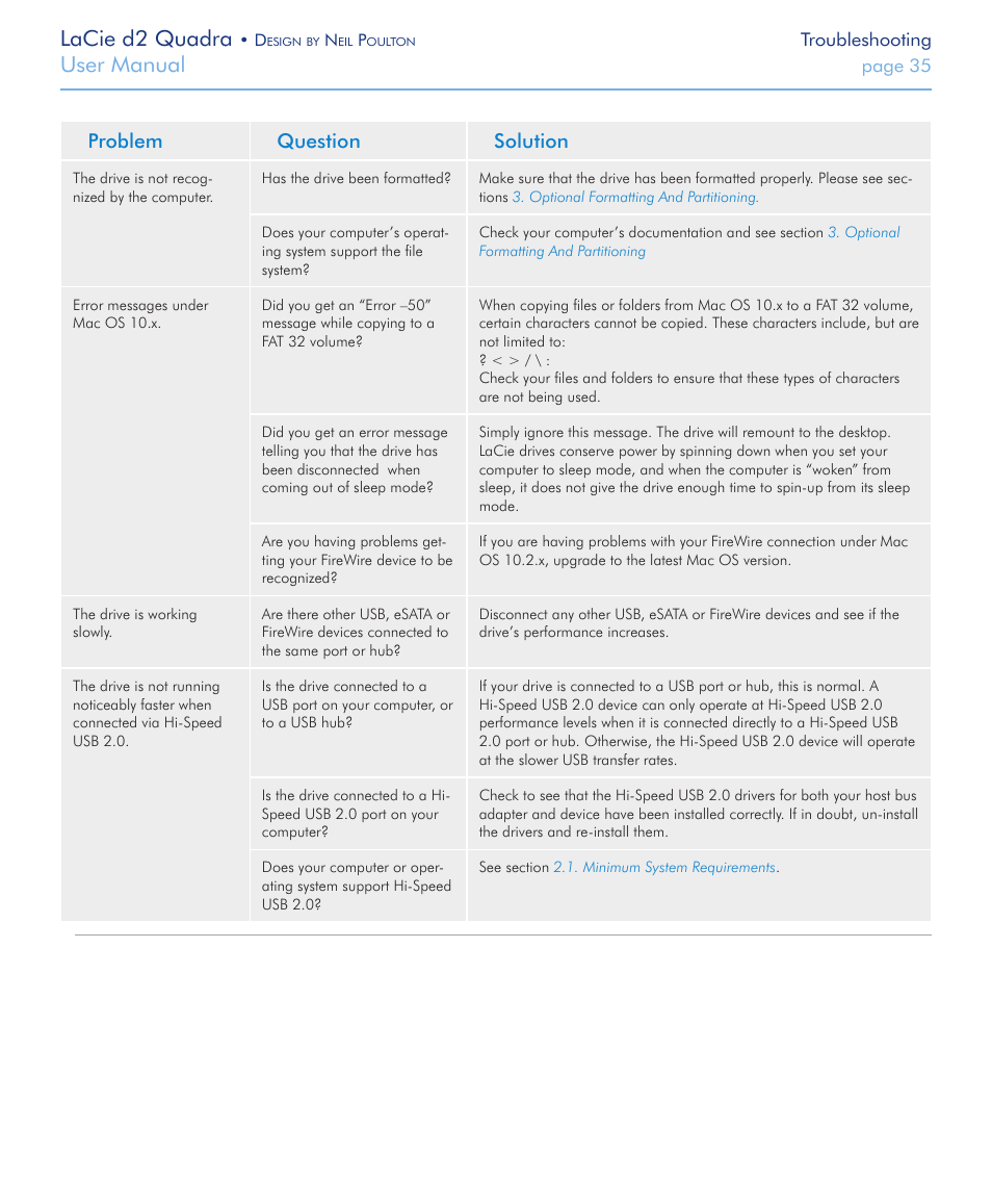 Lacie d2 quadra, User manual, Problem question solution | LaCie FireWire 800 User Manual | Page 35 / 40