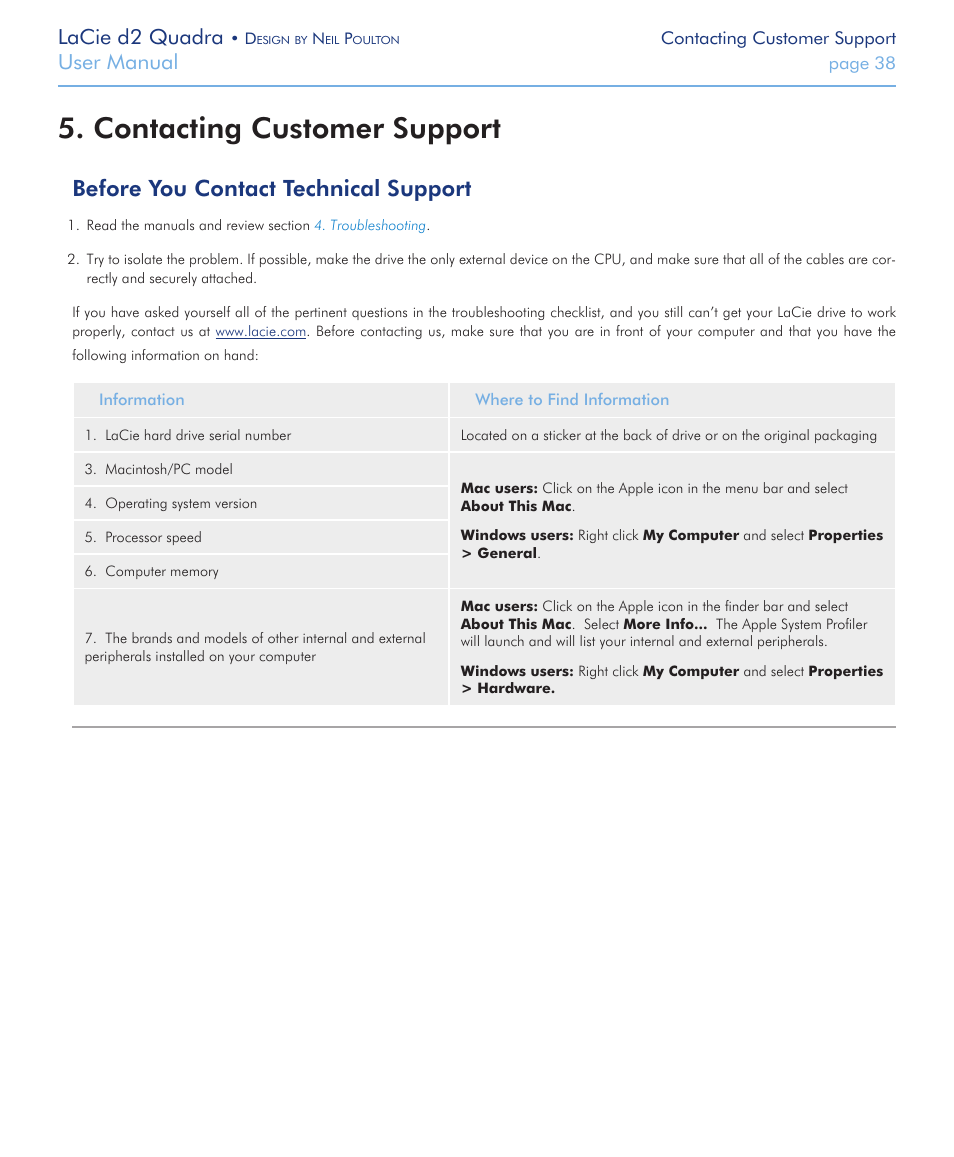 Contacting customer support, Before you contact technical support, Lacie d2 quadra | User manual | LaCie FireWire 800 User Manual | Page 38 / 40