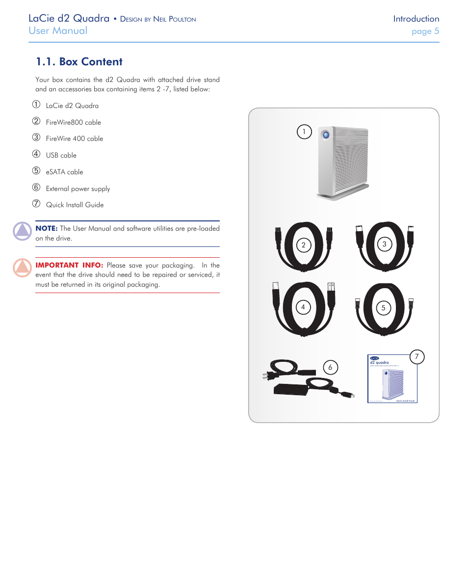 Box content, Lacie d2 quadra, User manual | LaCie FireWire 800 User Manual | Page 5 / 40