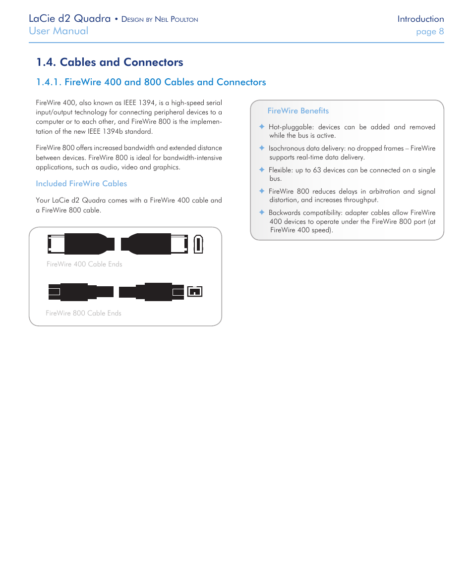 Cables and connectors, Firewire 400 and 800 cables and connectors, Lacie d2 quadra | User manual | LaCie FireWire 800 User Manual | Page 8 / 40