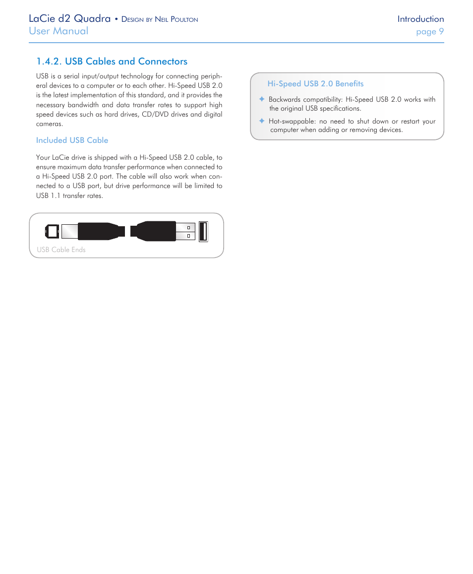 Usb cables and connectors, Lacie d2 quadra, User manual | LaCie FireWire 800 User Manual | Page 9 / 40